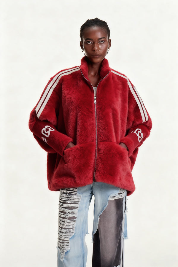 Edel Stand Collar Faux Fur Jacket In Red