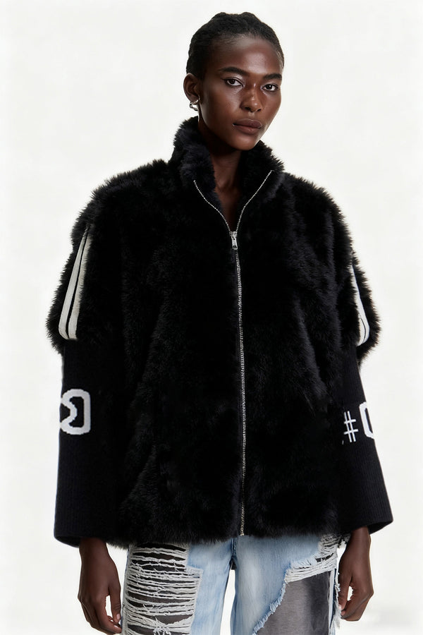 Edel Stand Collar Faux Fur Jacket In Black