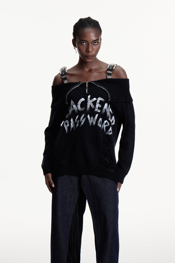 Conlaoch Off Shoulder Fringe Knit Top In Black