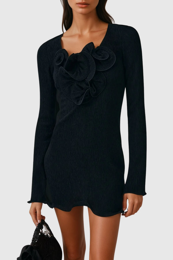 Dale Flower Ruffle Mini Dress In Black