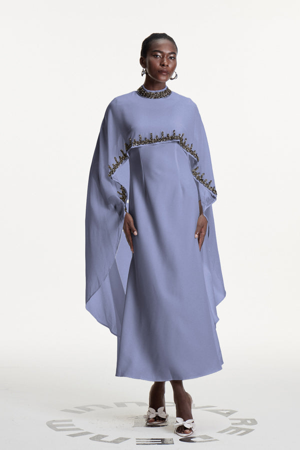 Dallas Crystal Shawl Maxi Dress In Blue