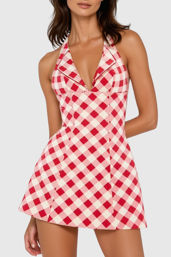 Damodara Grid Halter Neck Mini Dress