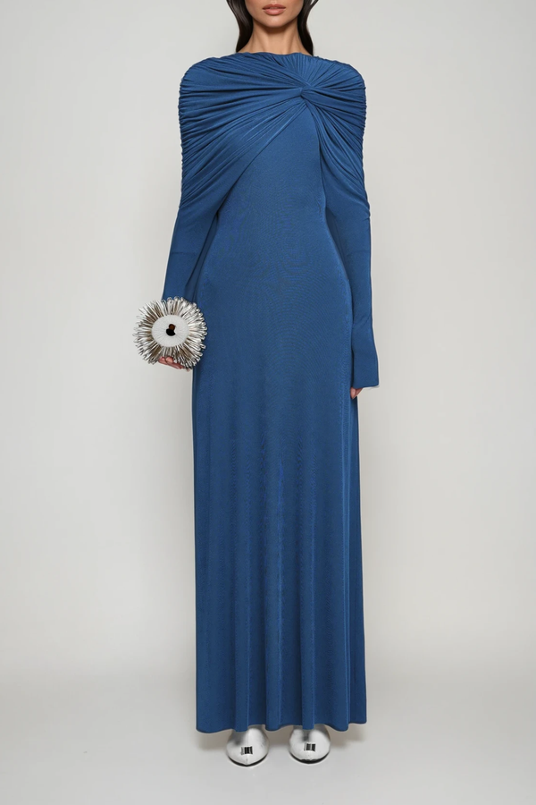 Daniel Ruch Twist Maxi Dress In Blue