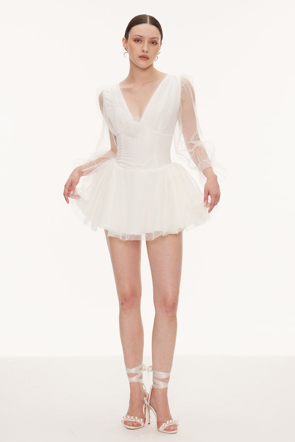 Danyal Flower Balloon Sleeve Mesh Mini Dress In White