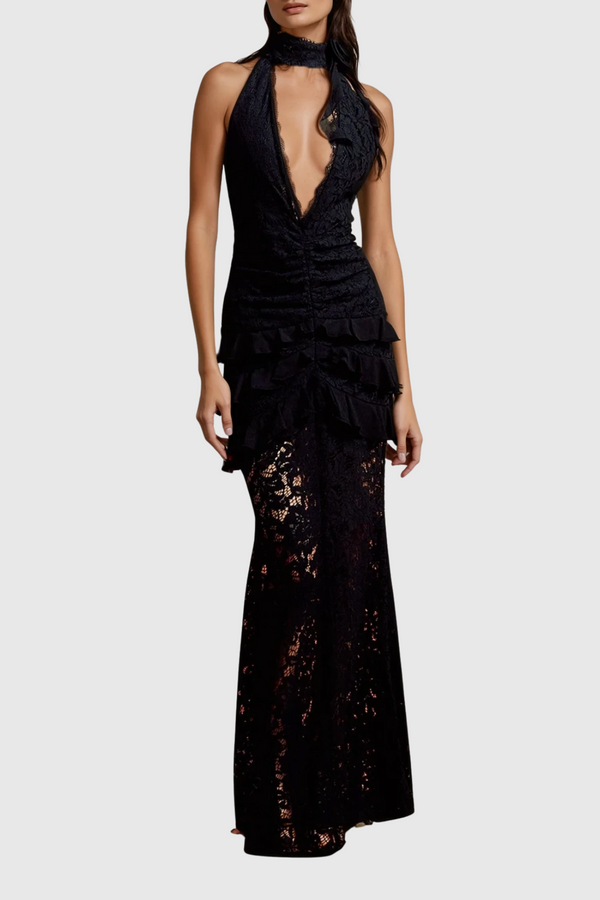 Dario Flower Plunge Lace Maxi Dress