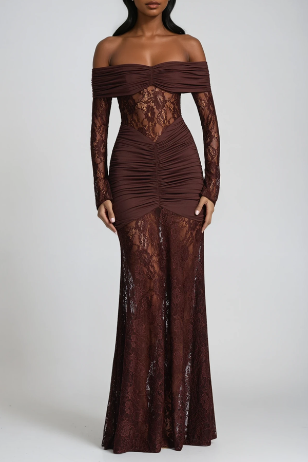 Darlene Strapless Ruch Lace Maxi Dress
