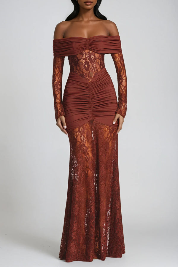 Darlene Strapless Ruch Lace Maxi Dress