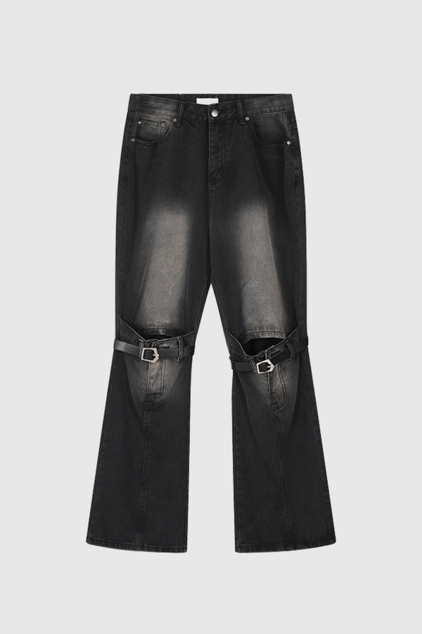 Davina Buckle Embellished Wide Leg Jeans In Black