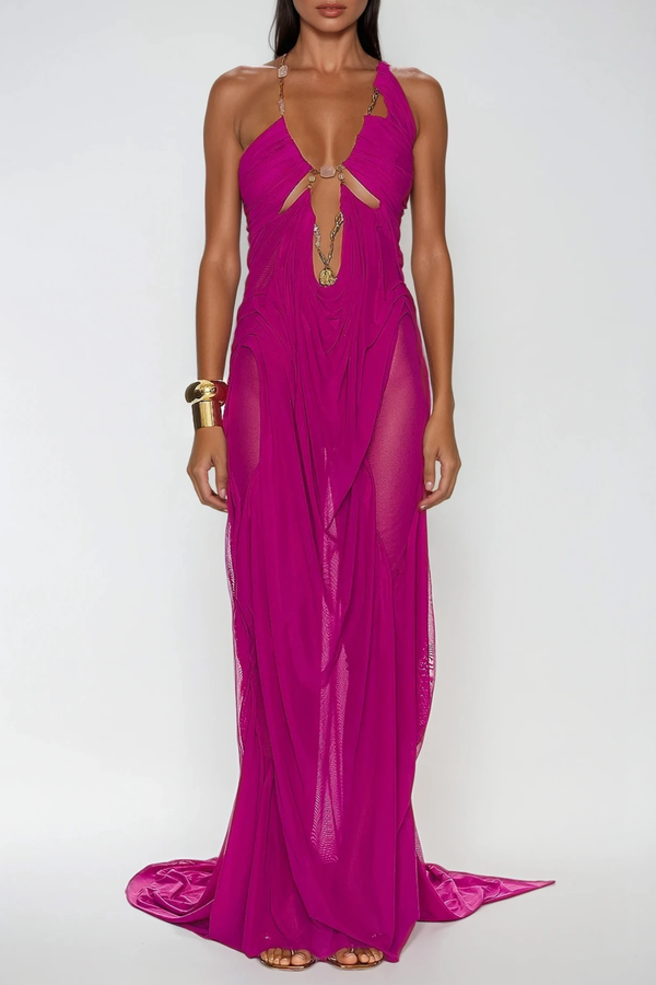 Davis Plunge Chain Asymmetric Maxi Dress In Purple