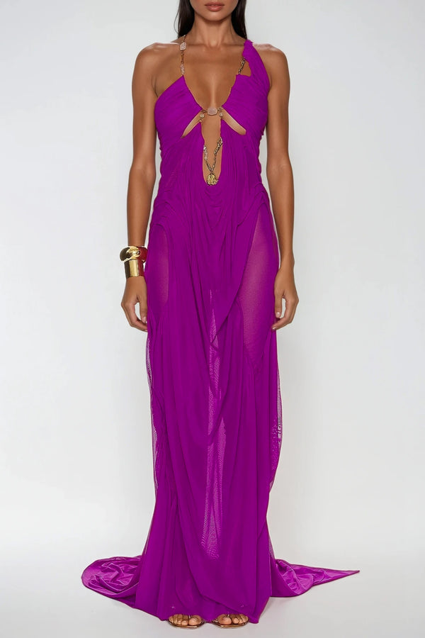 Davis Plunge Chain Asymmetric Maxi Dress In Hot Pink