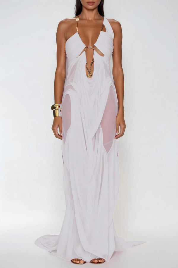 Davis Plunge Chain Asymmetric Maxi Dress In White