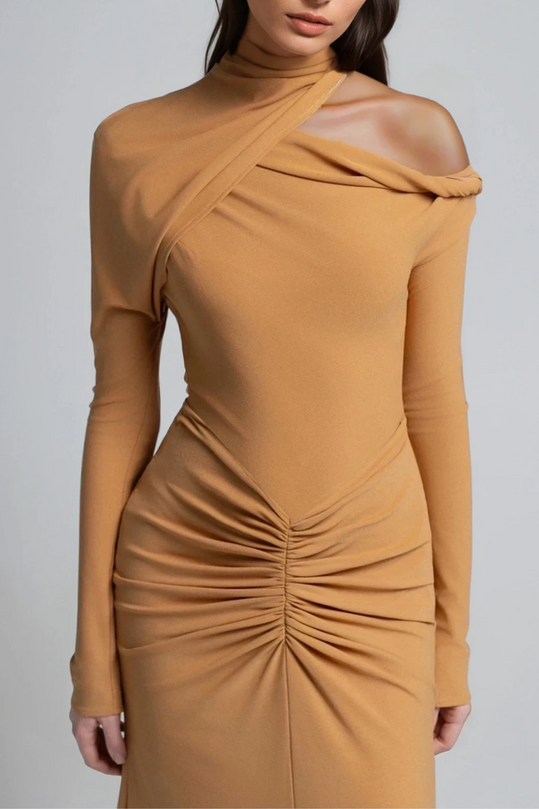 Daw Cutout Ruch Asymmetric Maxi Dress In Khaki