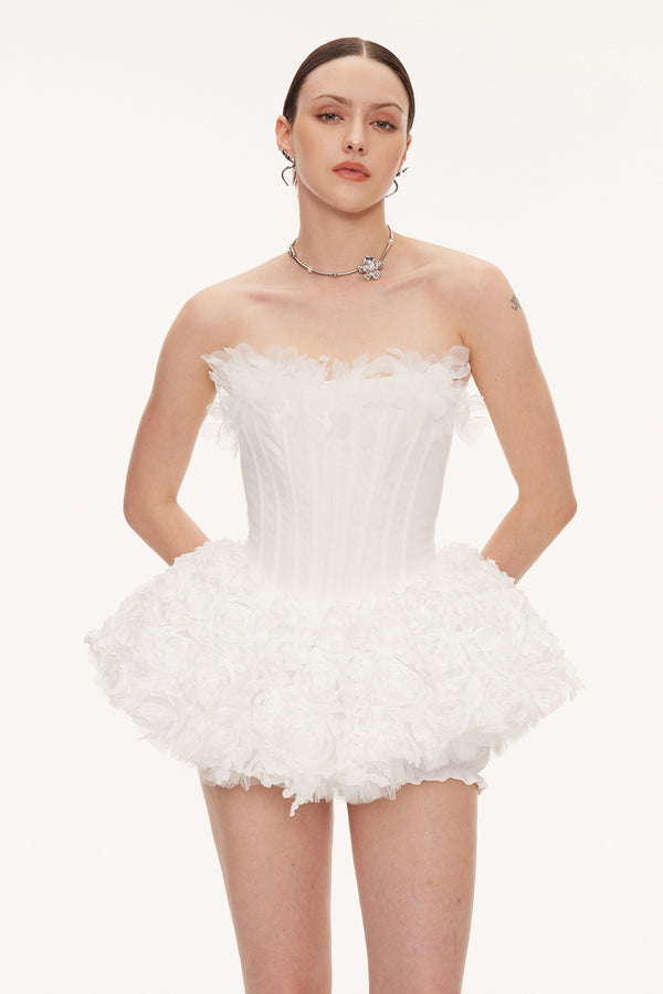 Daxton Corset Flower Puffy Mini Dress In White