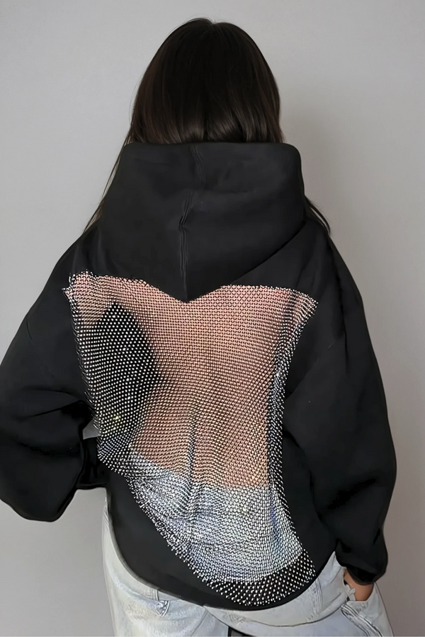 Dazhbog Hooded Rhinestone Mesh Top In Black