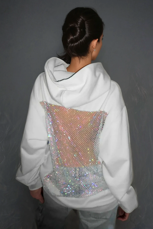 Dazhbog Hooded Rhinestone Mesh Top In White