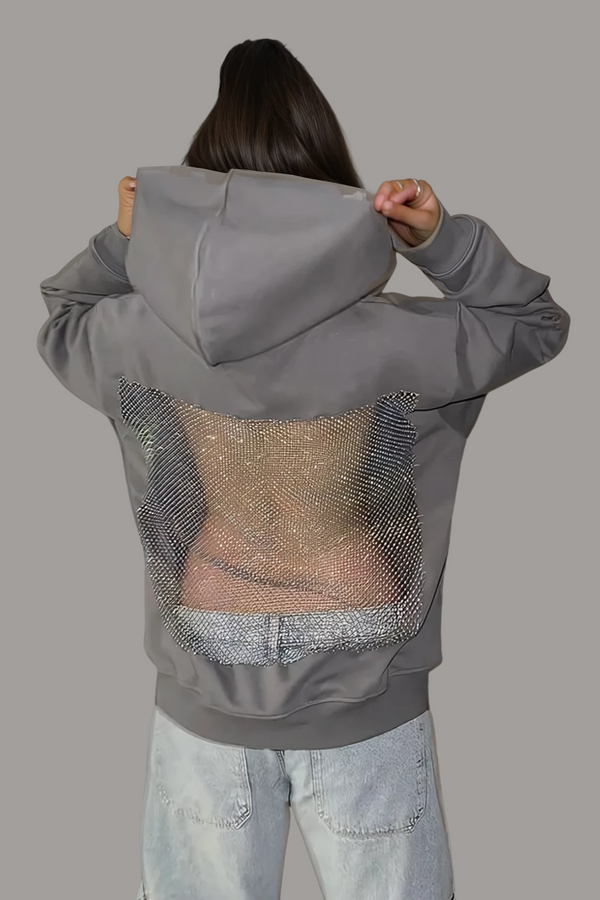 Dazhbog Hooded Rhinestone Mesh Top In Grey