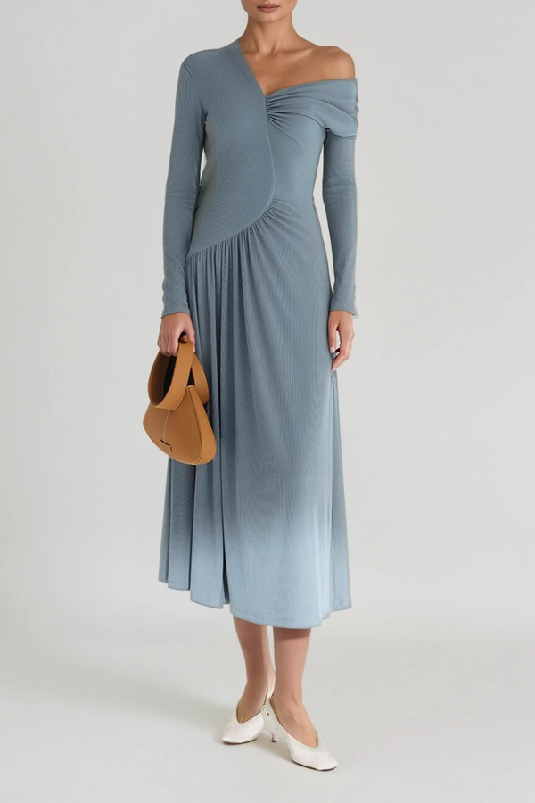 DeAngelo One Shoulder Asymmetric Ruch Maxi Dress In Blue