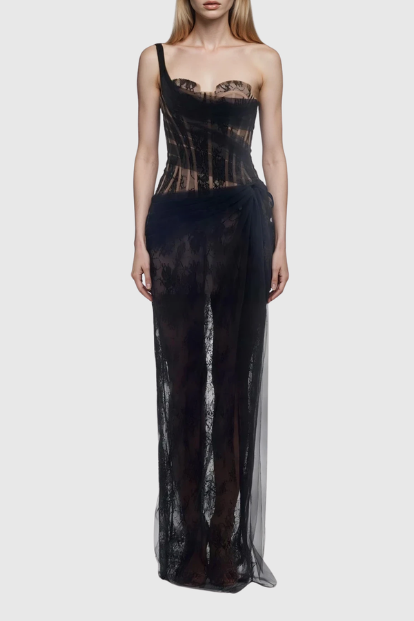 Dechen One Shoulder Corset Mesh Maxi Dress In Black