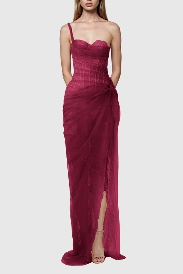 Dechen One Shoulder Corset Mesh Maxi Dress In Red