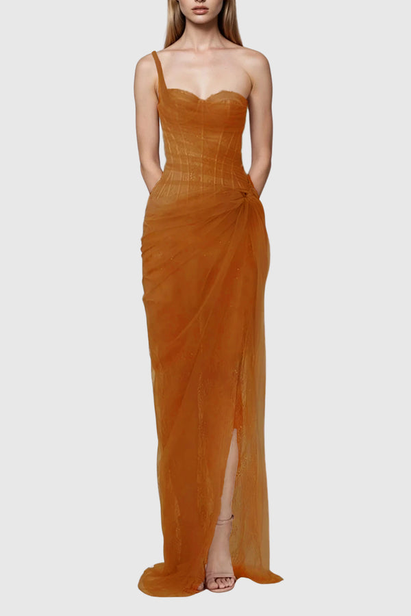 Dechen One Shoulder Corset Mesh Maxi Dress In Brown