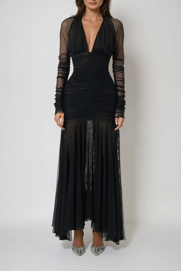 Dejana Plunge Ruch Mesh Maxi Dress