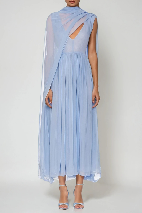 Delfino Plunge Mesh Shawl Maxi Dress