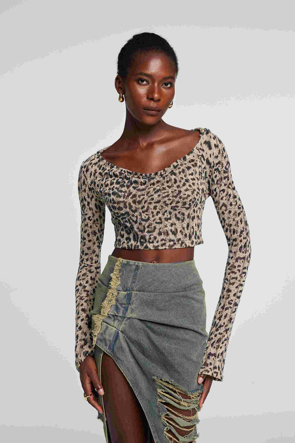 Delta Long Sleeve Leopard Torn Crop Top