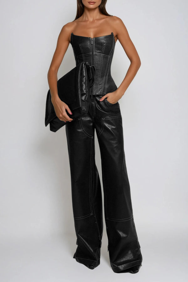 Demokritos Corset Leather Pants Set In Black