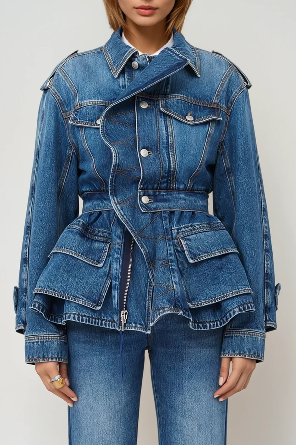 Deniz Asymmetric Ruffle Denim Jacket