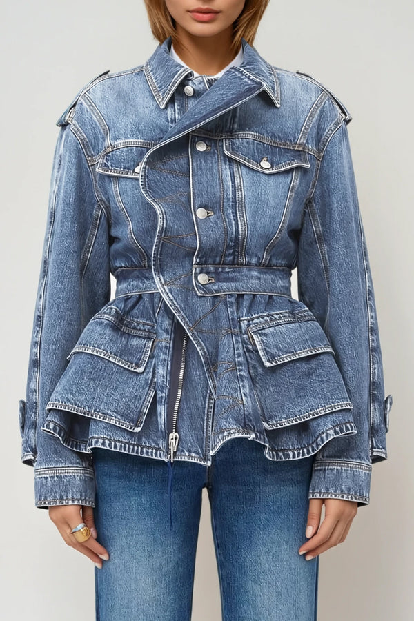 Deniz Asymmetric Ruffle Denim Jacket