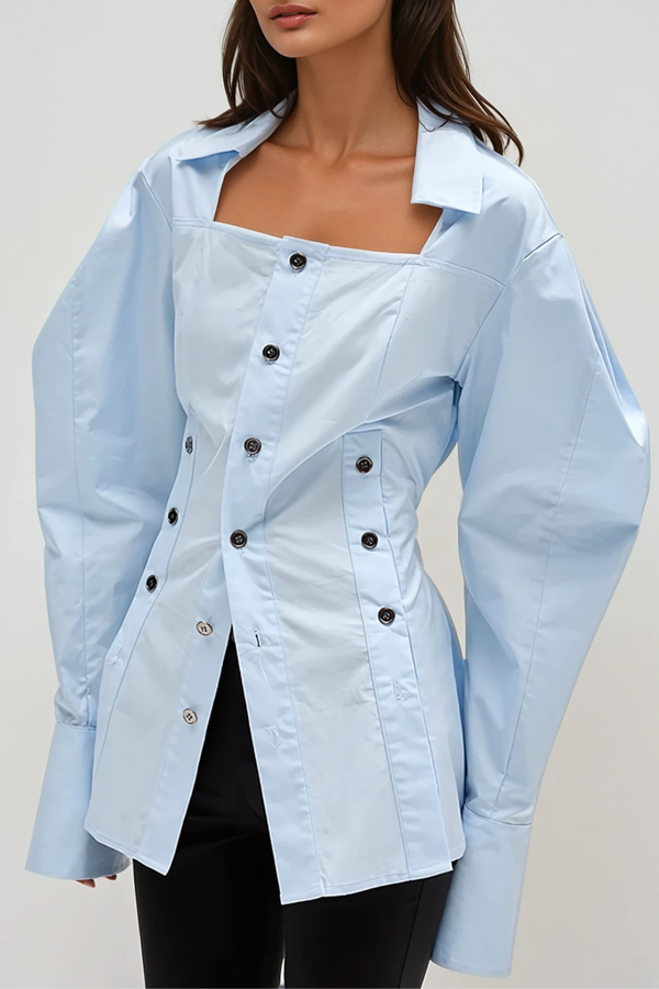 Derick Balloon Sleeve Button Top In Blue
