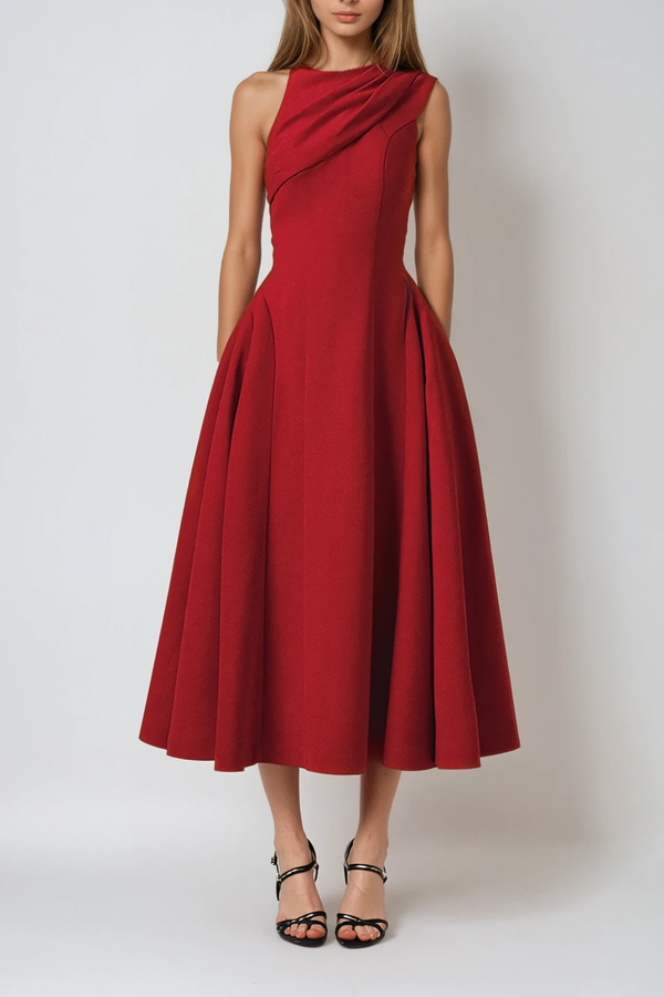 Destini Sleeveless Asymmetric Ruch Midi Dress