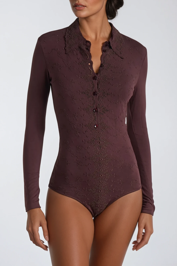 Devadas Long Sleeve Embroidered Bodysuit In Brown
