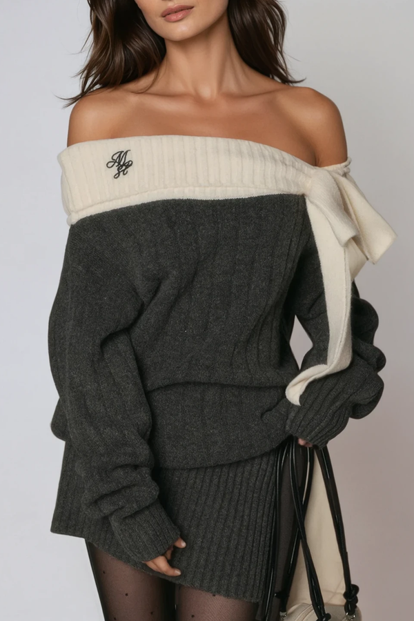 Devi Off Shoulder Bow Knit Mini Dress In Grey