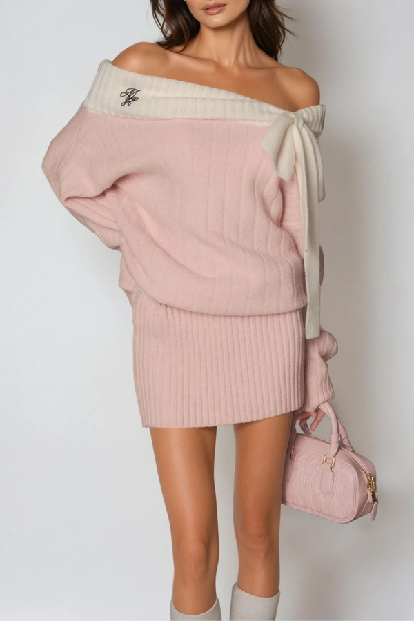 Devi Off Shoulder Bow Knit Mini Dress In Pink