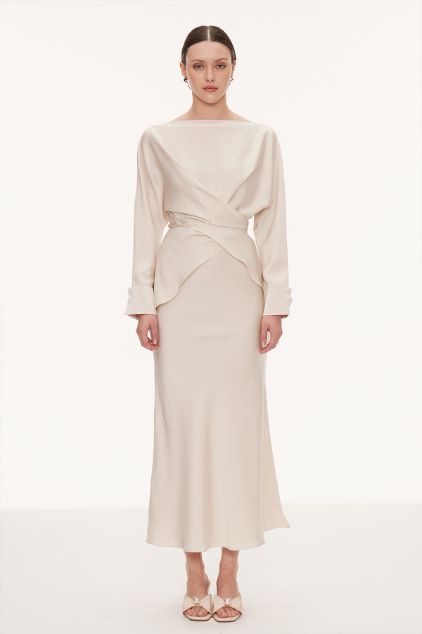 Diamantina Long Sleeve Ruch Skirt Set In White