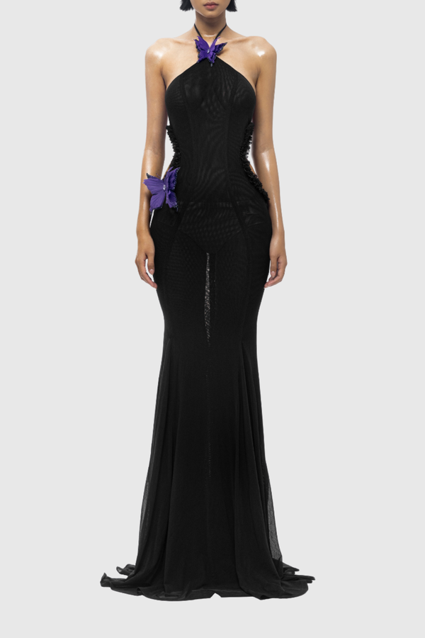 Dilovar Halter Neck Butterfly Cutout Maxi Dress In Black