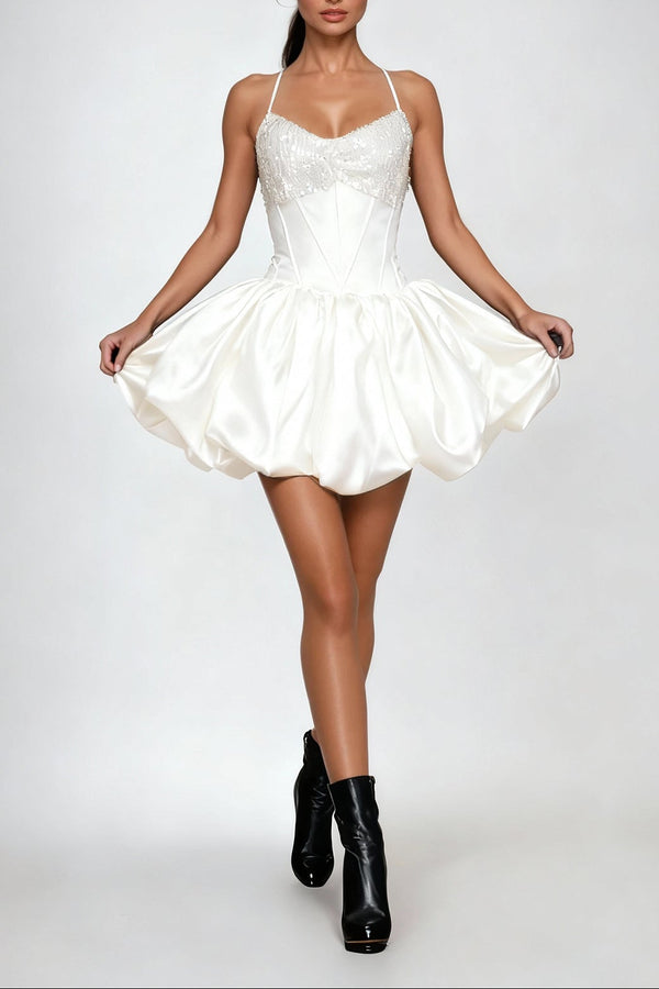 Dimitri Sequin Lace Up Puffy Mini Dress In White