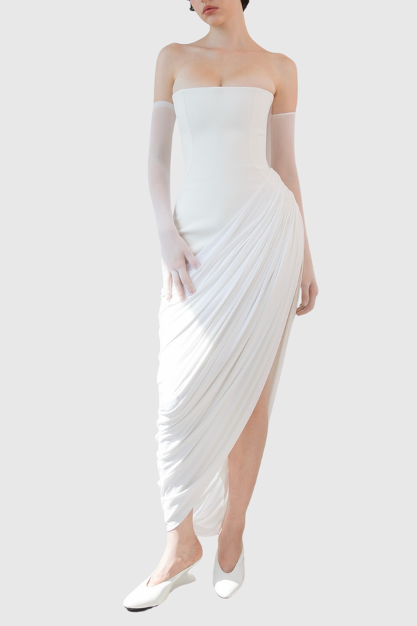 Dimitris Strapless Ruch High Split Maxi Dress