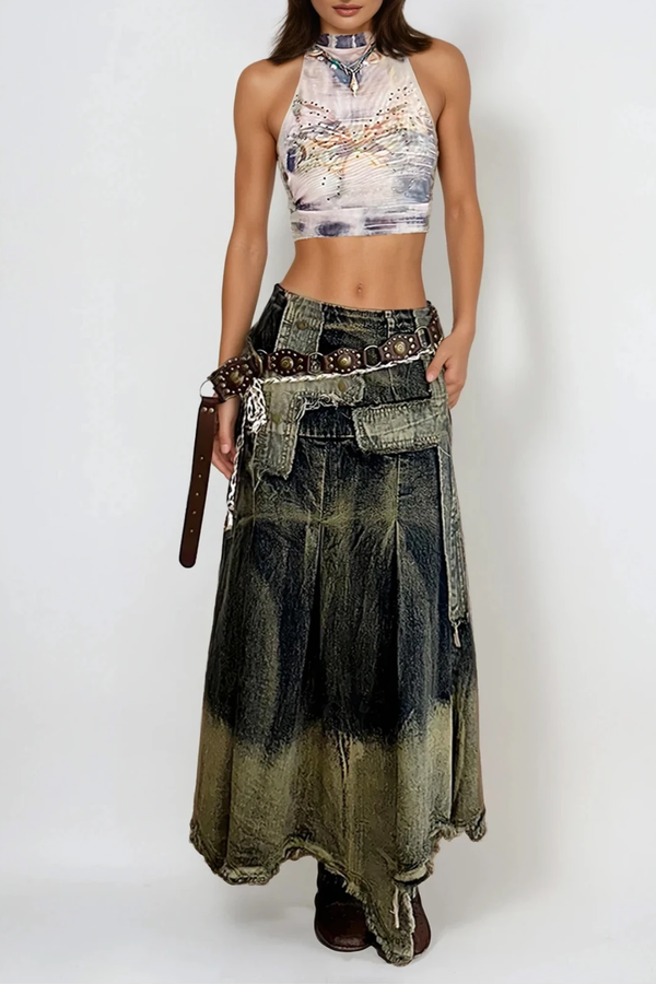 Diomedes Asymmetric Hayley Denim Maxi Skirt