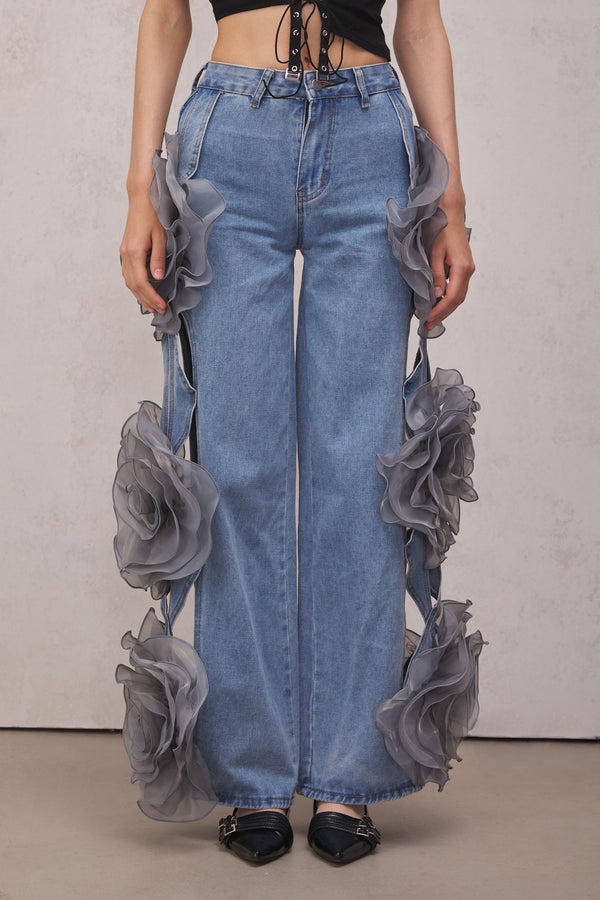 Dior Flower Hollow Jeans In Blue