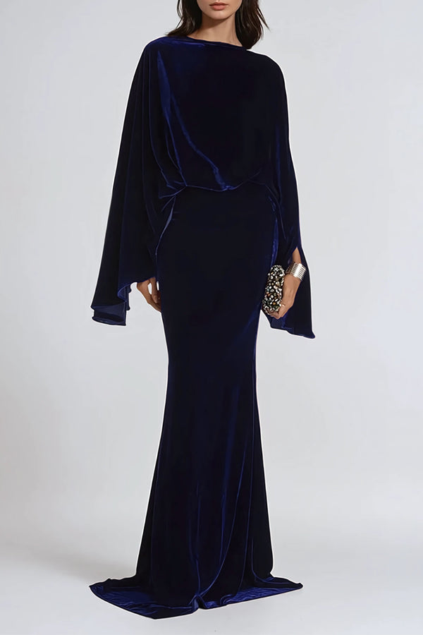 Dixon Cape Sleeve Velvet Maxi Dress In Navy
