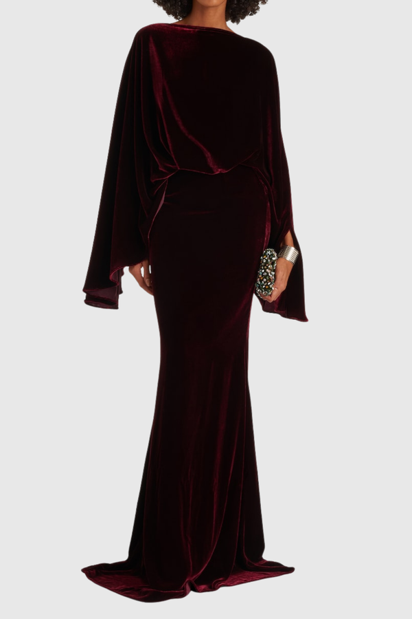 Dixon Cape Sleeve Ruch Velvet Maxi Dress