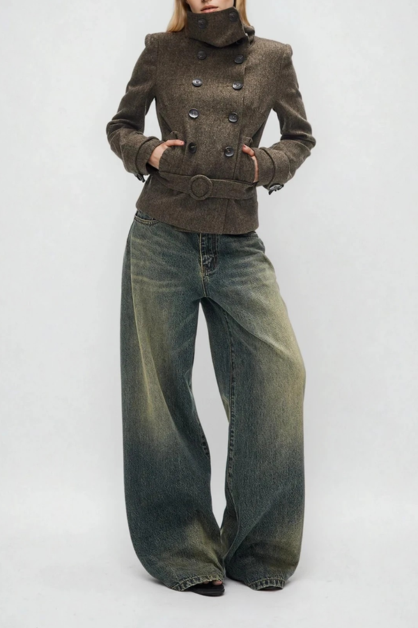 Djuradja Funnel Neck Belt Jacket In Brown