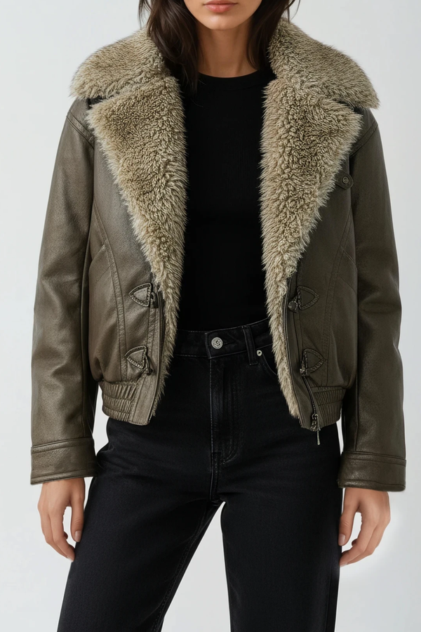 Dmitriy Faux Fur V Neck Leather Jacket