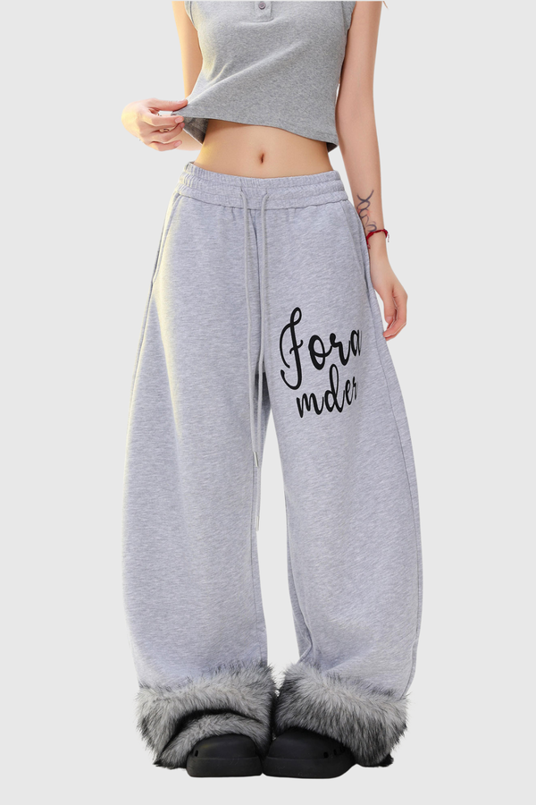 Dobrawa Print Faux Fur Barrel Pants In Grey