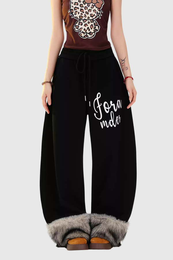 Dobrawa Print Faux Fur Barrel Pants In Black