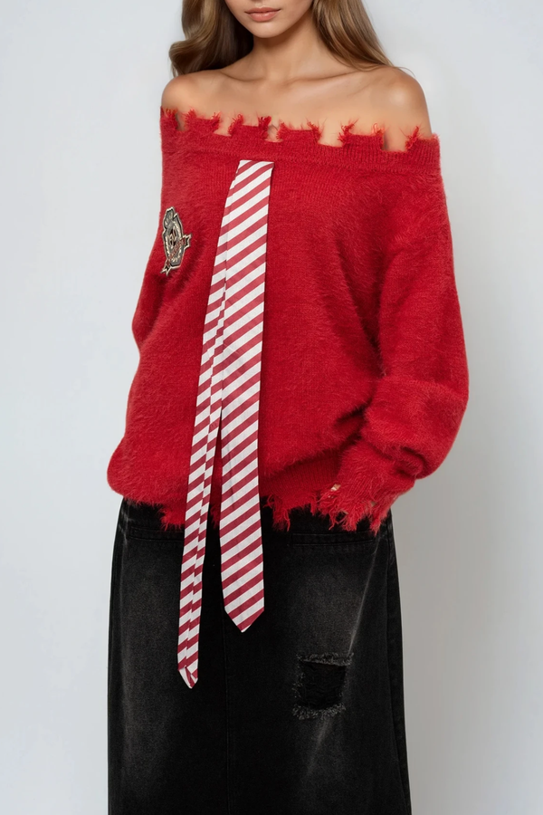 Dom Off Shoulder Knit Top In Red