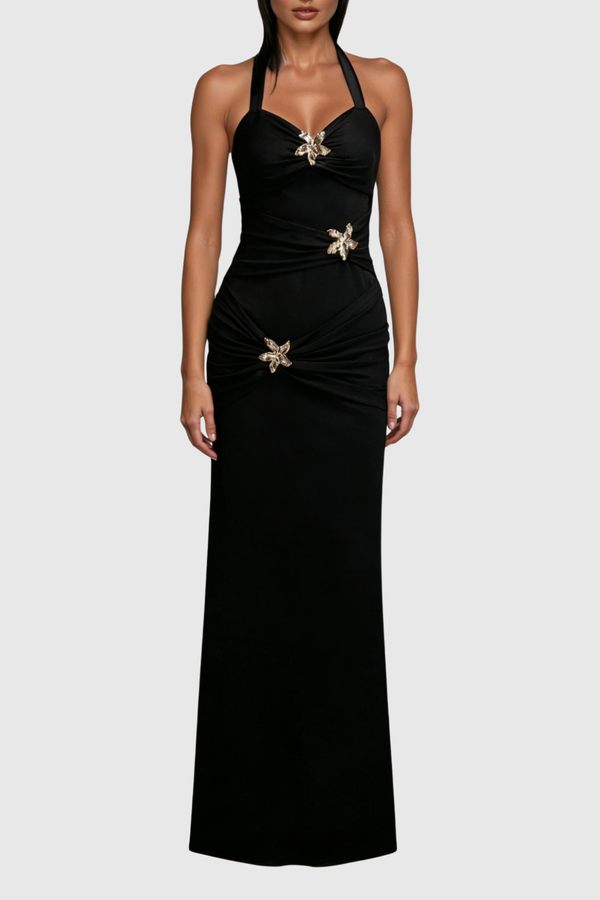 Dor Halter Neck Embellished Maxi Dress In Black