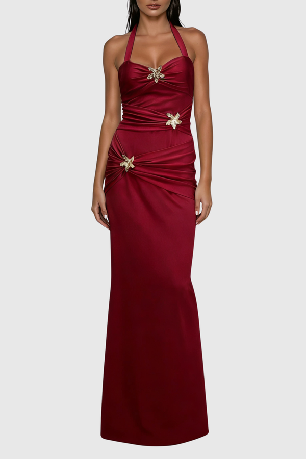 Dor Halter Neck Embellished Maxi Dress In Red